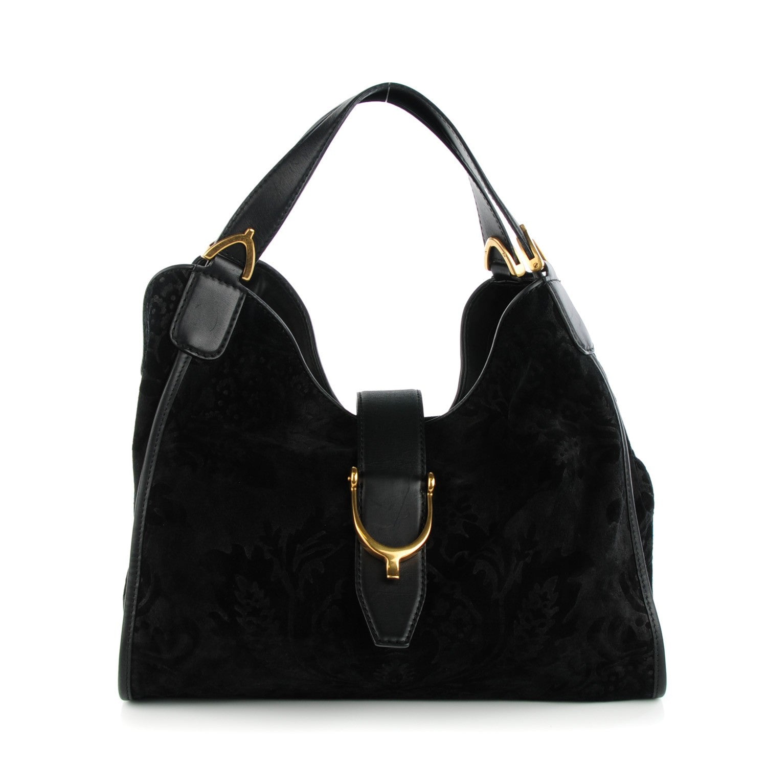 Gucci Soft Leather Brocade Medium Stirrup Shoulder Bag Black 1 of 7