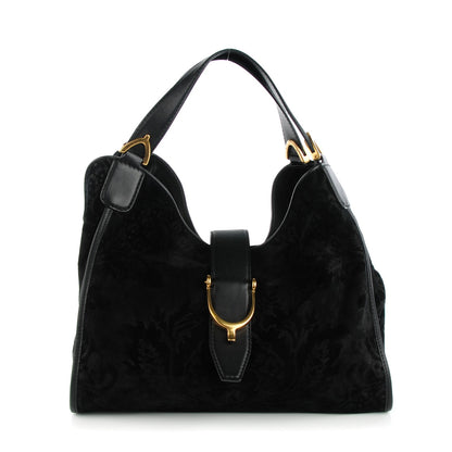 Gucci Soft Leather Brocade Medium Stirrup Shoulder Bag Black 1 of 7