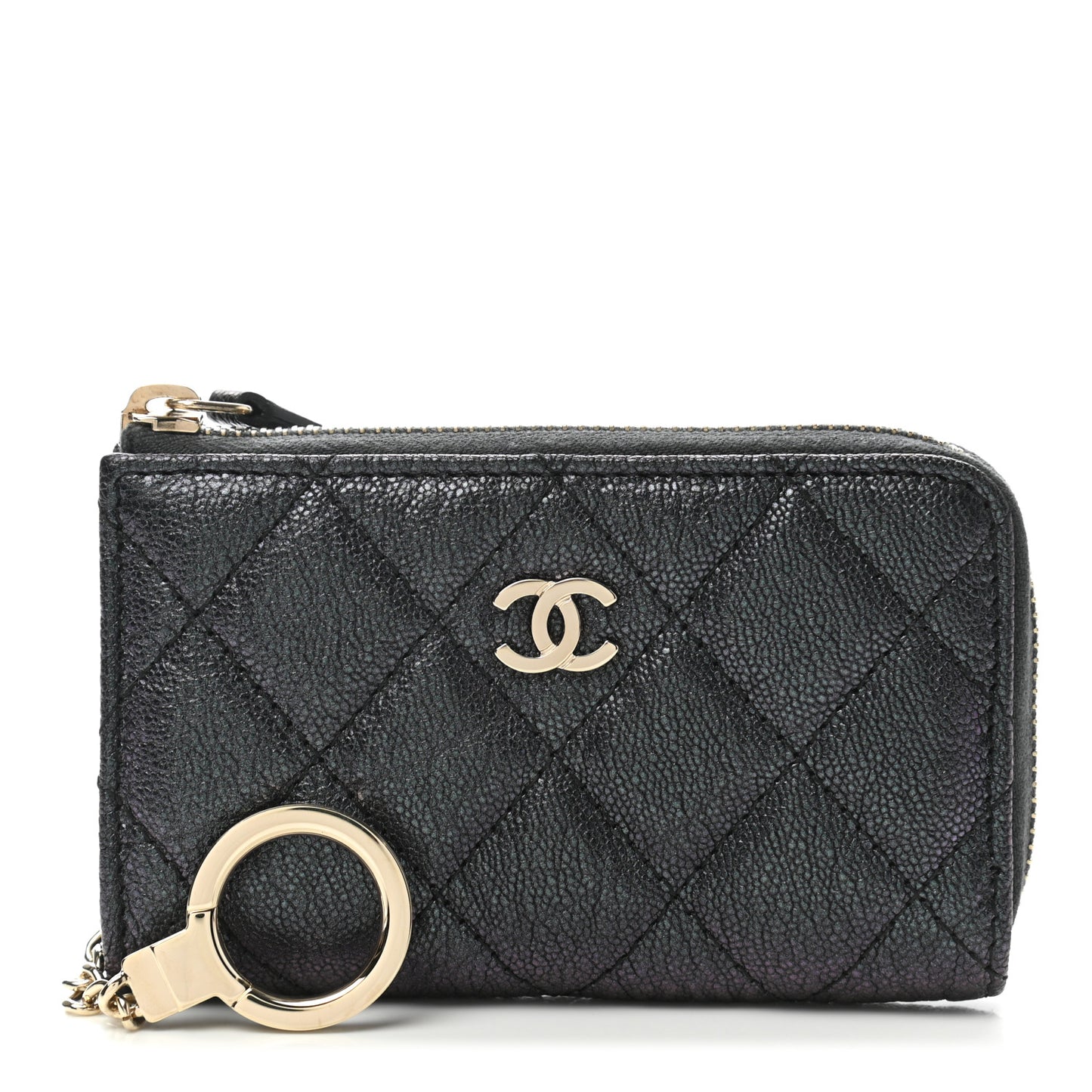 Iridescent Caviar Quilted Zipped Key Holder Case Black