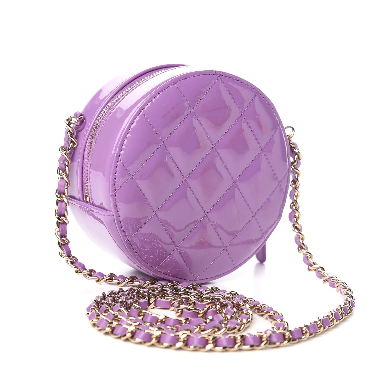 Patent Quilted Round Clutch With Chain Purple