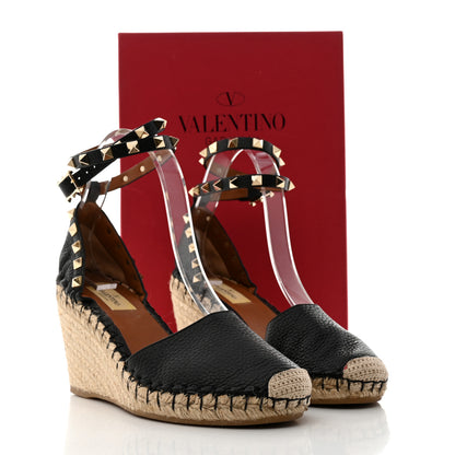 Valentino Garavani Grained Calfskin Rockstud Ankle Wrap Espadrille 15/85mm Wedges 37 Black Light Cuir 9 of 9