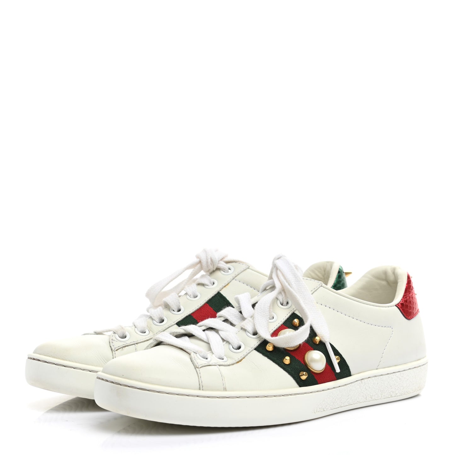Calfskin Web Pearl Studded Womens Ace Sneakers 35 White