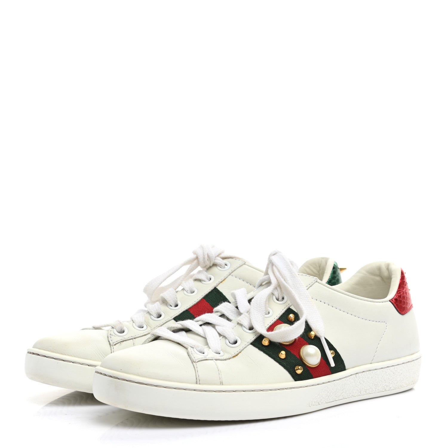 Gucci Calfskin Web Pearl Studded Womens Ace Sneakers 35 White 3 of 13
