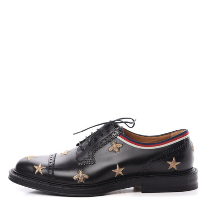 Gucci Calfskin Bee Star Embroidered Mens Captoe Derby Loafers 6 Black 1 of 10