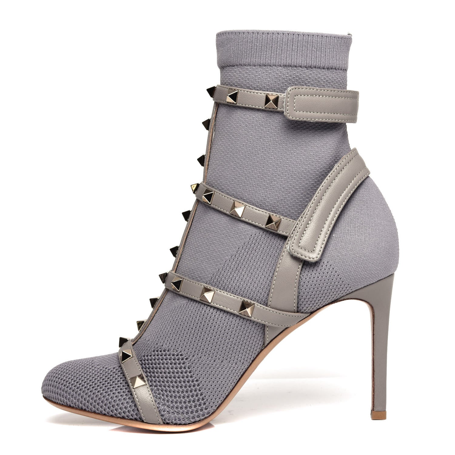 Valentino Garavani Calfskin Knit Rockstud Bodytech Sock Booties 37.5 Grey 1 of 9