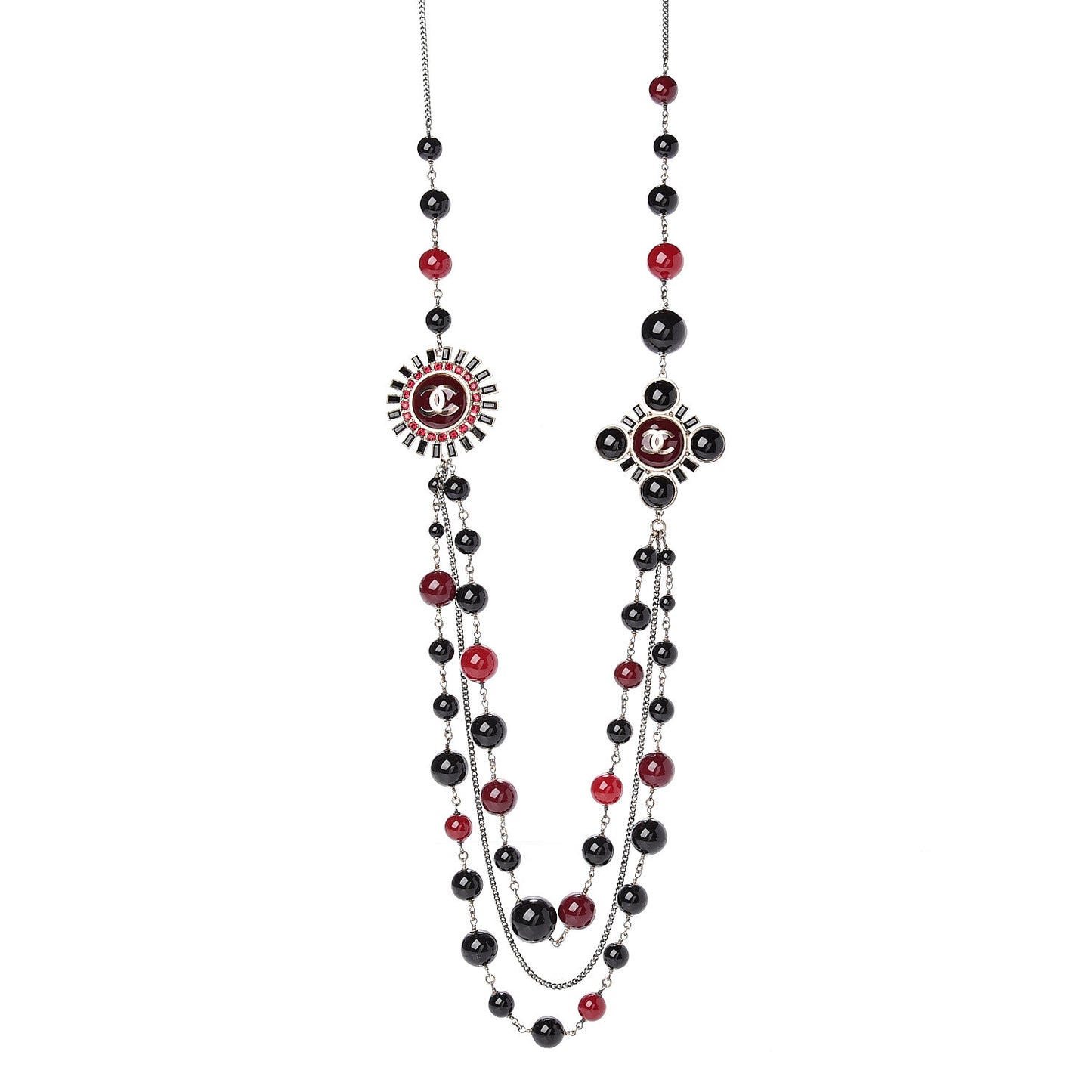 Resin Beaded CC Multi Strand Long Necklace Gold Black Dark Red