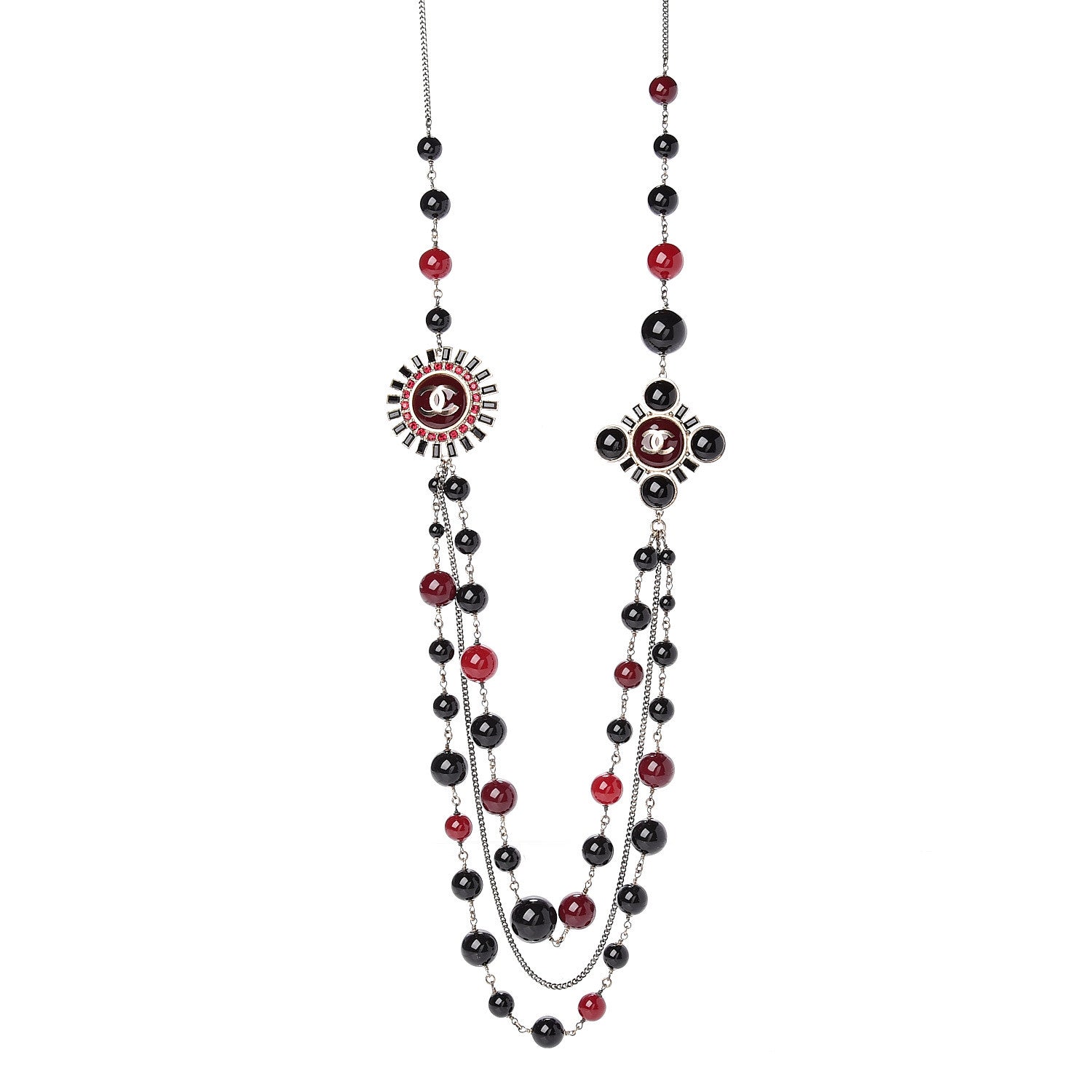 Chanel Resin Beaded CC Multi Strand Long Necklace Gold Black Dark Red 1 of 6