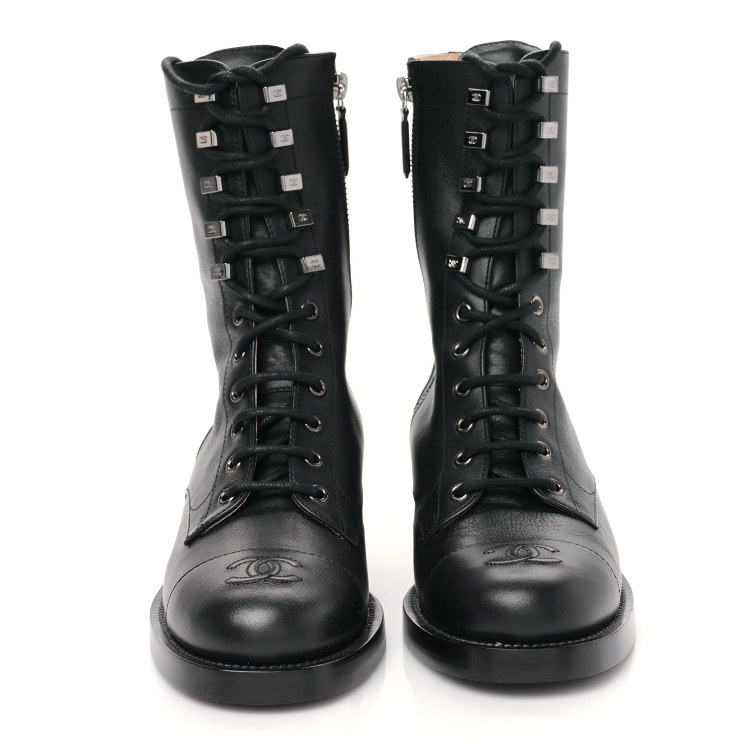 Chanel Calfskin Cap Toe Lace Up Combat Boots 38 Black 2 of 8