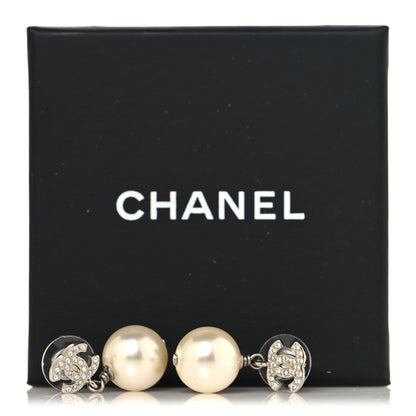Chanel Crystal Pearl CC Drop Earrings Silver Pearly White 5 of 5