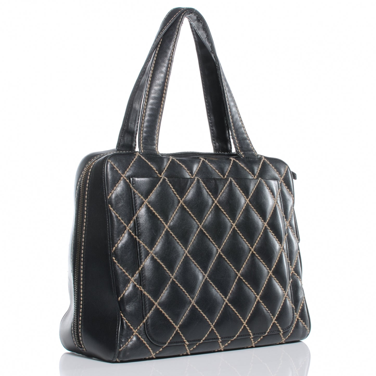 Leather Contrast Stitch Surpique Handbag Black