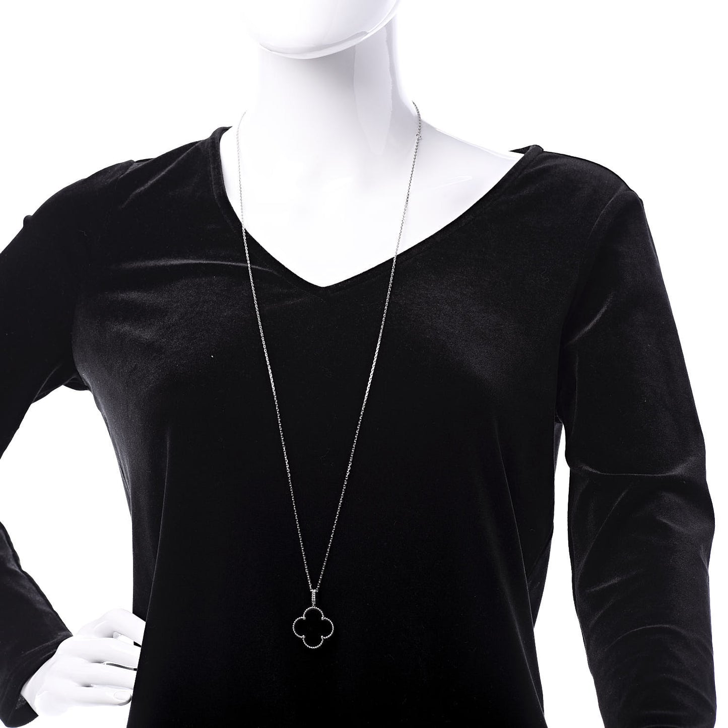 18K White Gold Black Onyx Magic Alhambra Pendant Necklace