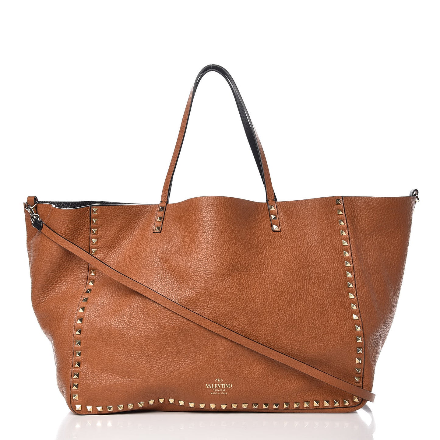 Pebbled Calfskin Large Rockstud Reversible Tote Black Light Cuir