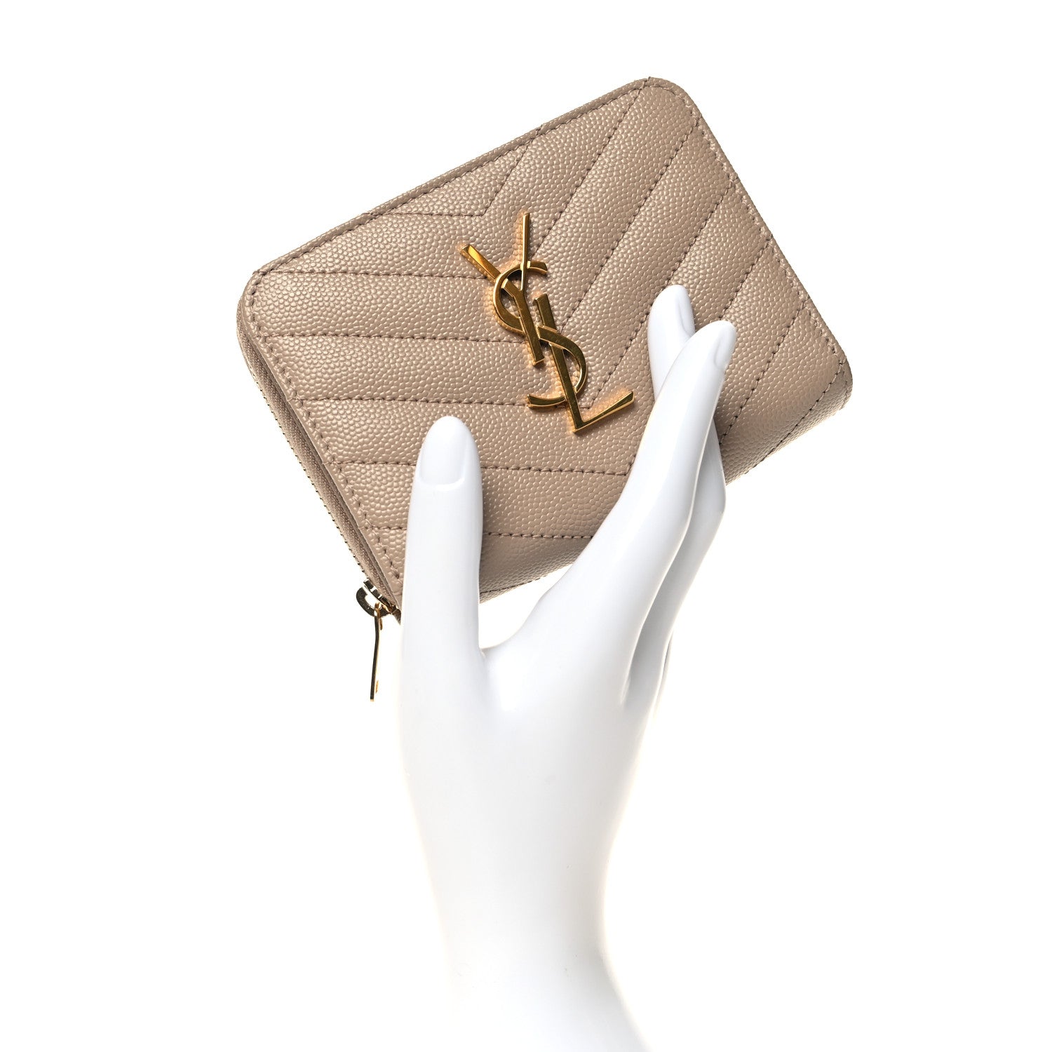 Saint Laurent Grain De Poudre Matelasse Chevron Monogram Compact Zip Around Wallet Dark Beige 2 of 8