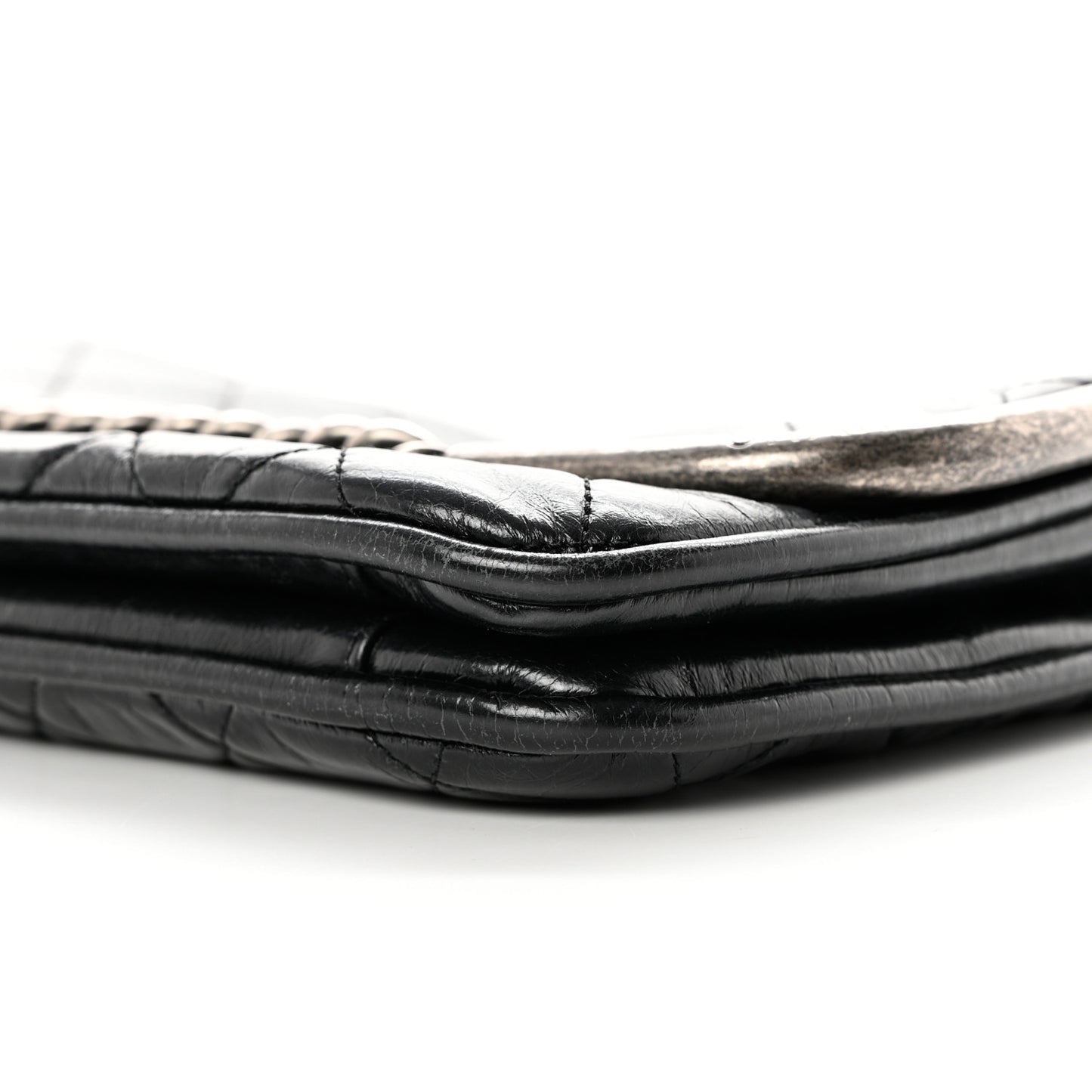 Glazed Calfskin Quilted Metal Chain Flap Black