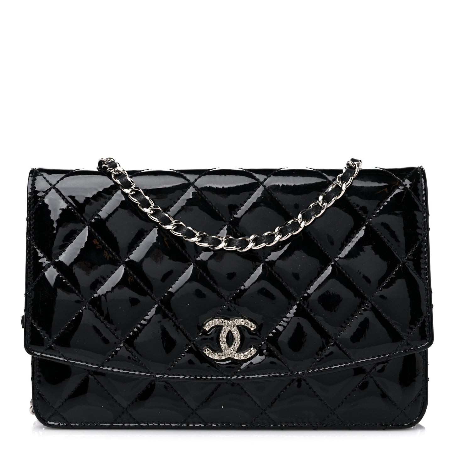 Patent Quilted Brilliant Wallet On Chain WOC Black