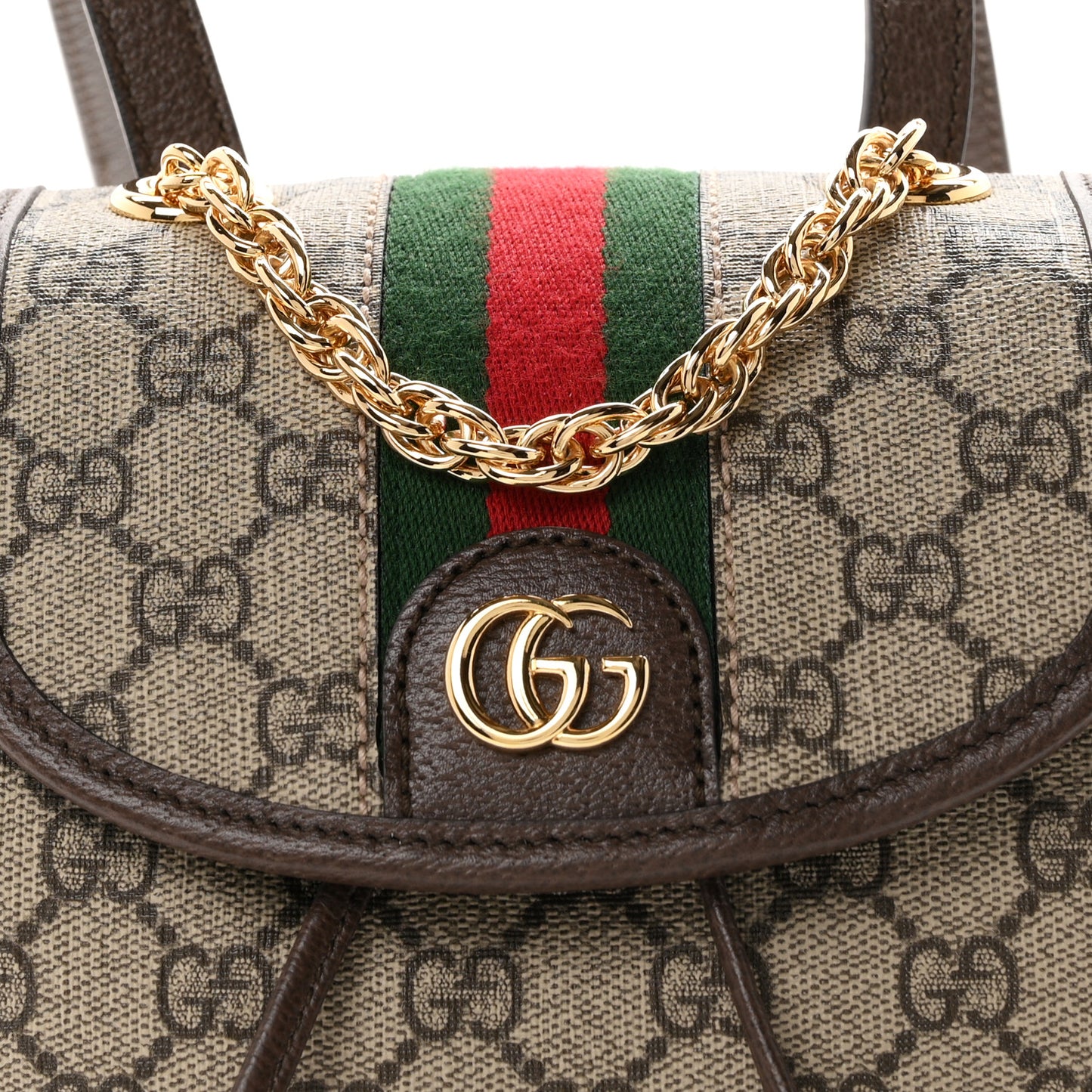 GG Supreme Monogram Textured Dollar Calfskin Web Mini Ophidia Chain Drawstring Backpack Beige Brown