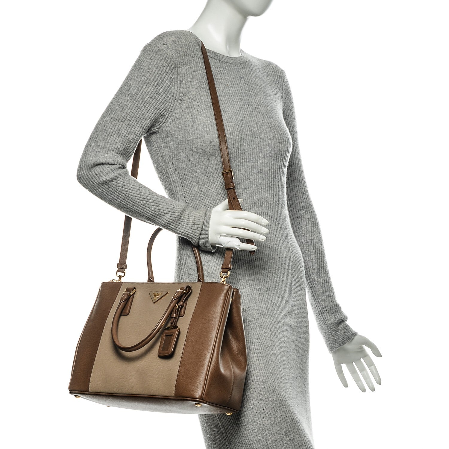 Prada Saffiano Lux Colorblock Medium Galleria Double Zip Tote Nocciolo Visone 2 of 7