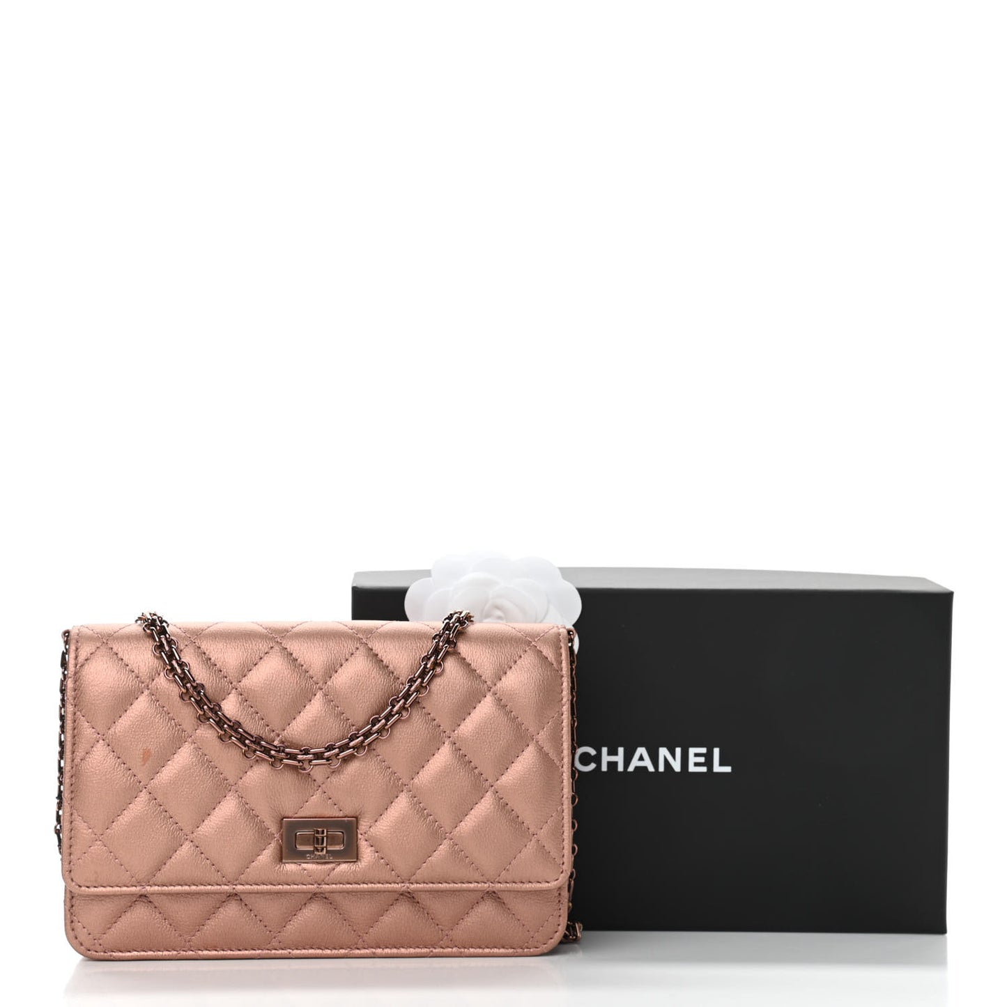 Metallic Grained Calfskin Quilted 2.55 Reissue Wallet on Chain WOC Copper Pink