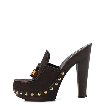 Louis Vuitton Suede Wood Studded Platform Clogs Mules 36 Brown 1 of 7