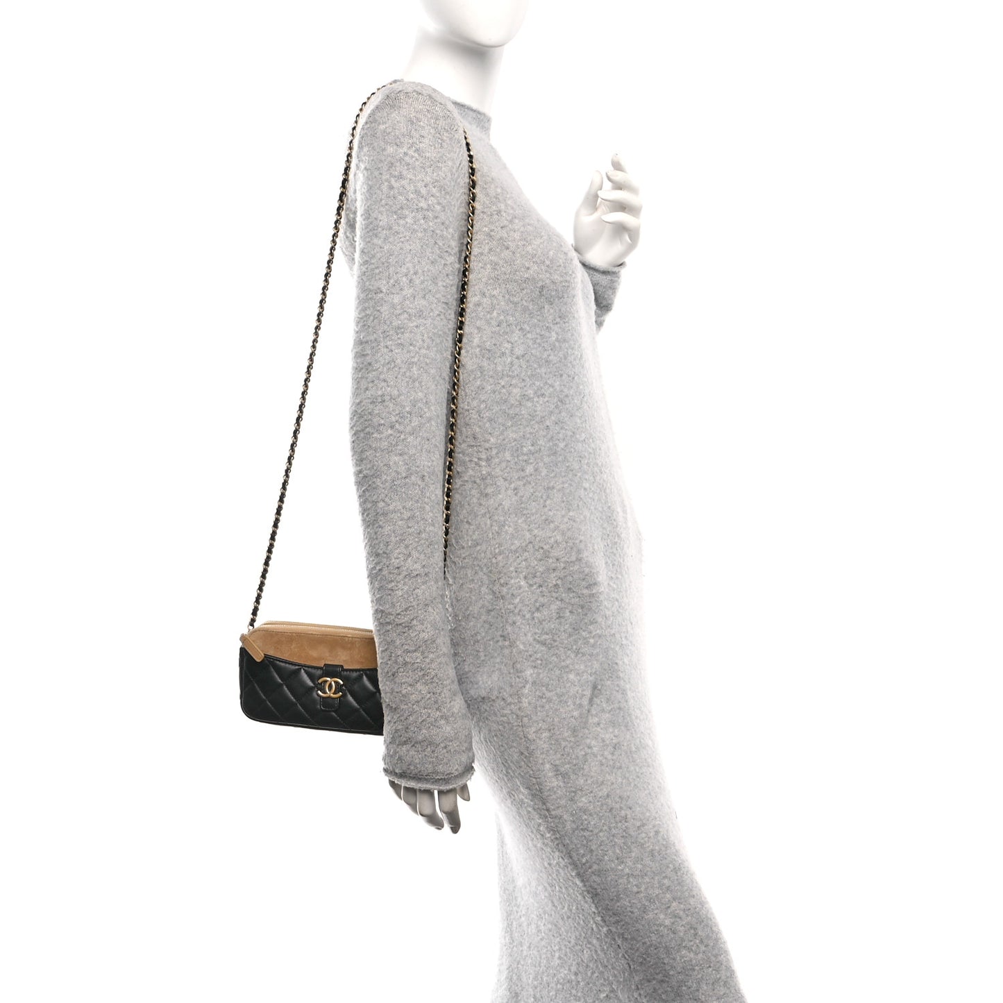 Suede Shiny Lambskin Quilted Phone Holder With Chain Black Beige