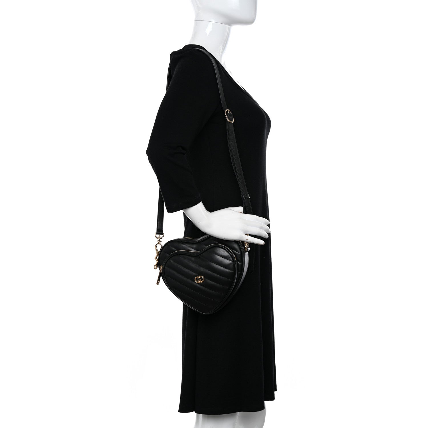 Gucci Calfskin Matelasse Diagonal Mini Interlocking G Heart Shoulder Bag Black 2 of 13