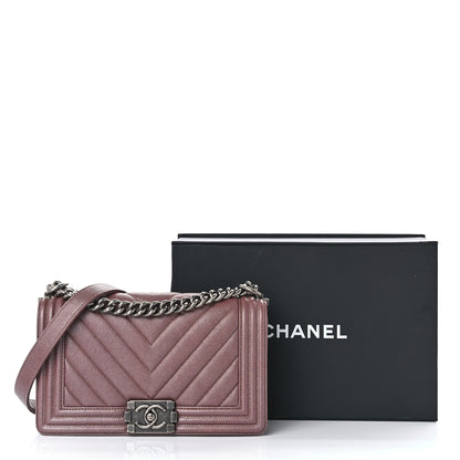 Chanel Metallic Caviar Chevron Quilted Medium Boy Flap Dark Pink 12 of 12