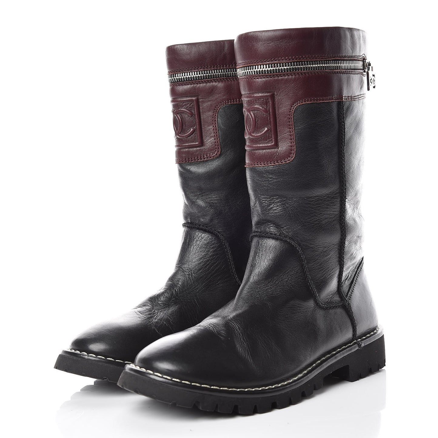 Calfskin Motorcycle Zipper Boots 38 Black Burgundy