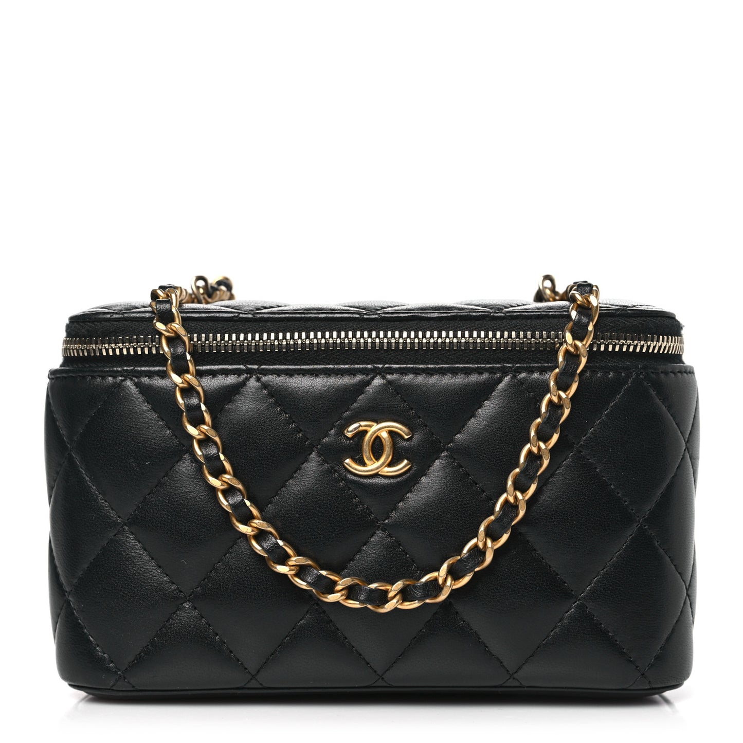 Lambskin Quilted Pearl Crush Small Vanity Case With Chain Black