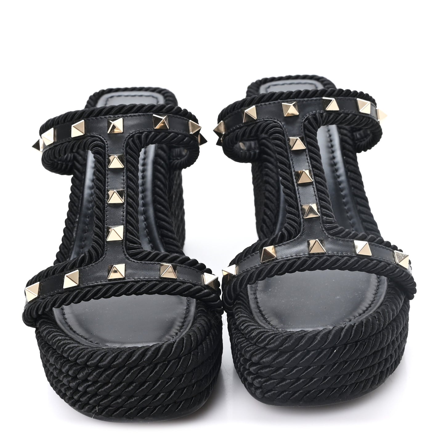 Calfskin Rockstud Torchon Espadrille Caged 25/90mm Wedge Sandals 38 Black