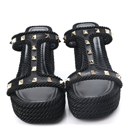 Valentino Garavani Calfskin Rockstud Torchon Espadrille Caged 25/90mm Wedge Sandals 38 Black 3 of 9