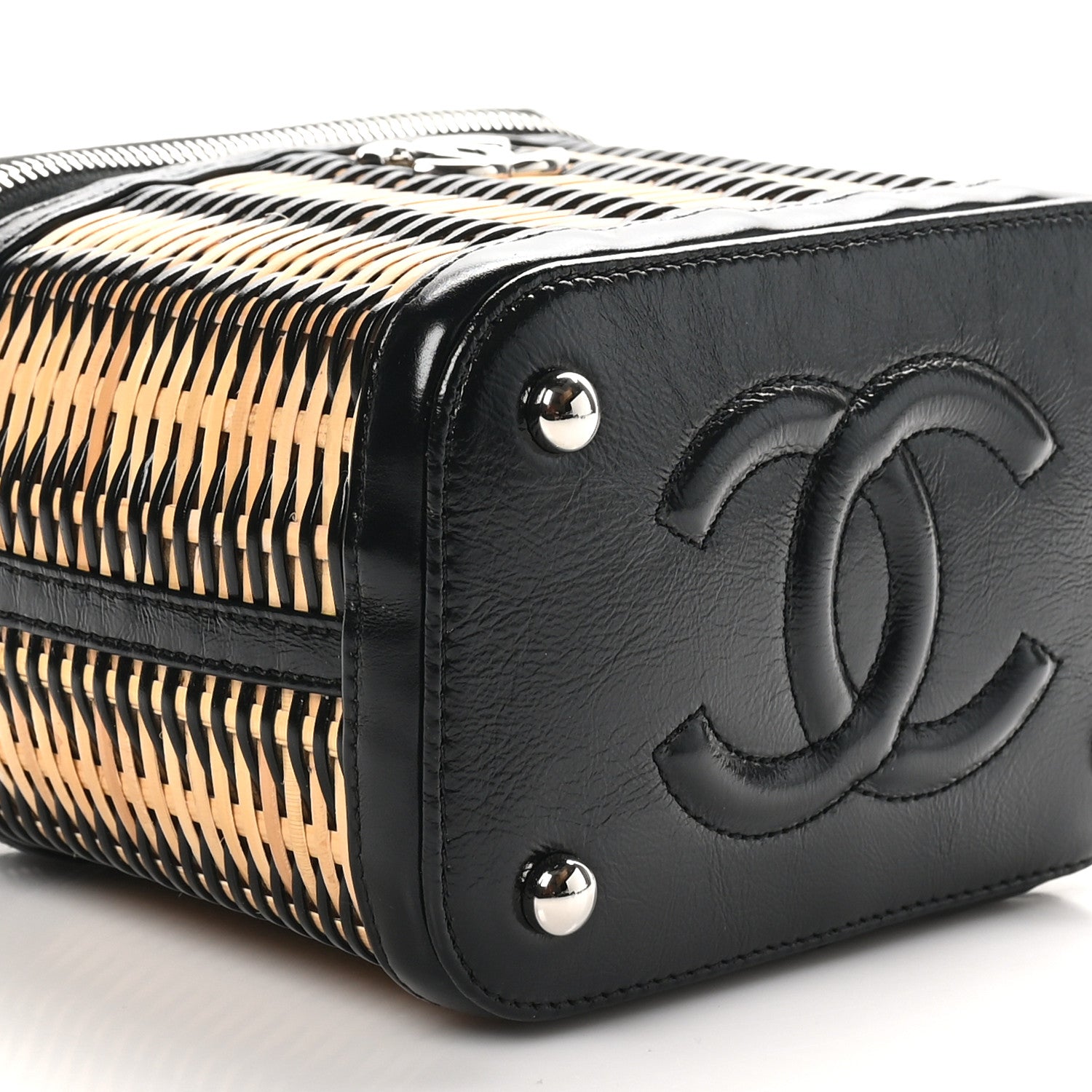 Chanel Calfskin Raffia Small Vanity Case Bag Black Beige 9 of 11