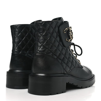 Chanel Shiny Goatskin Calfskin Quilted Lace Up Combat Boots 41 Black 4 of 8
