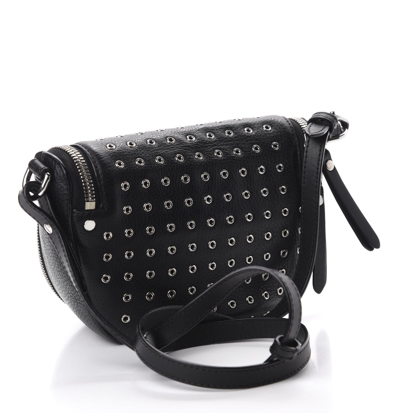Grained Calfskin Eyelet Small Zip Crossbody Bag Black