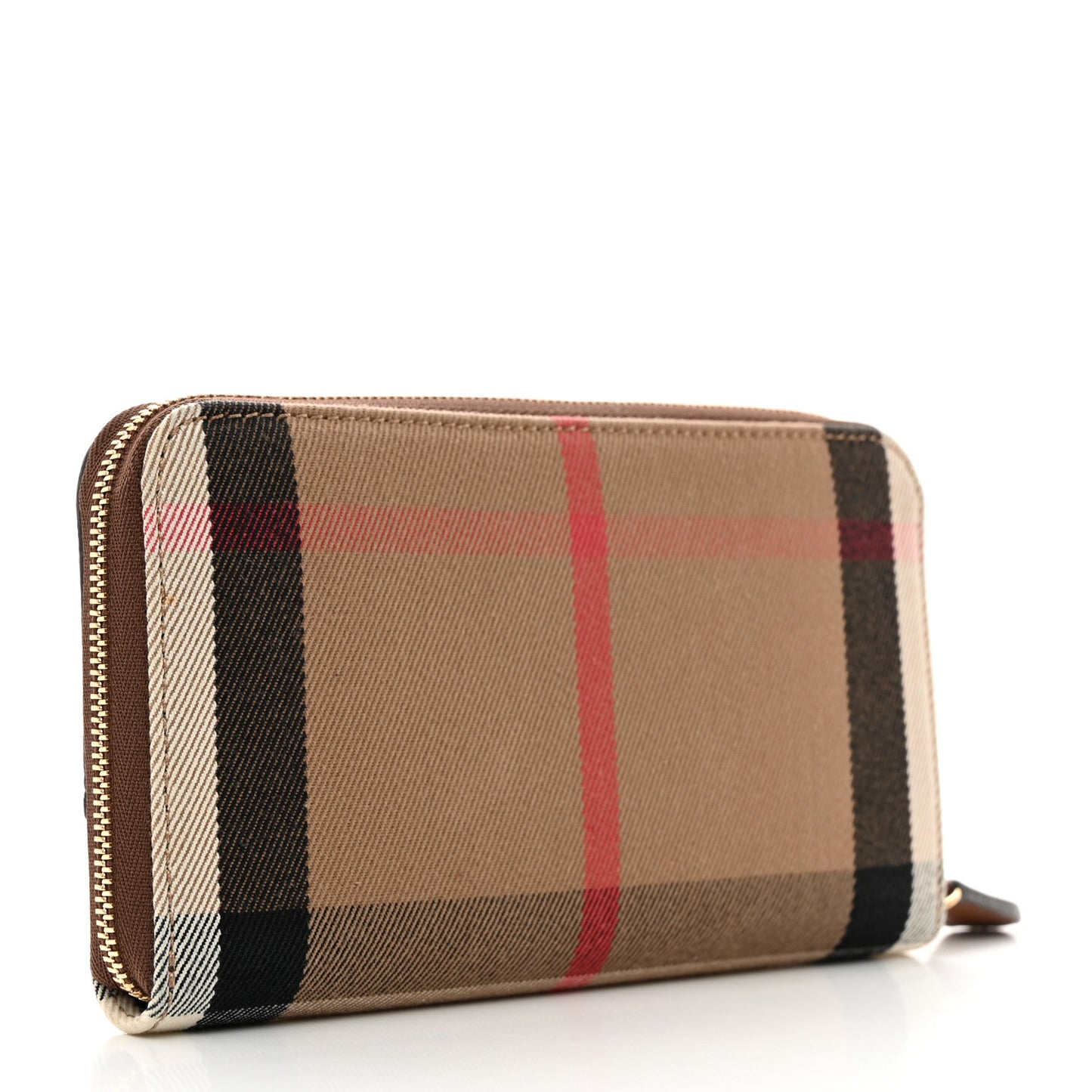 Calfskin House Check Elmore Zip Around Wallet Tan