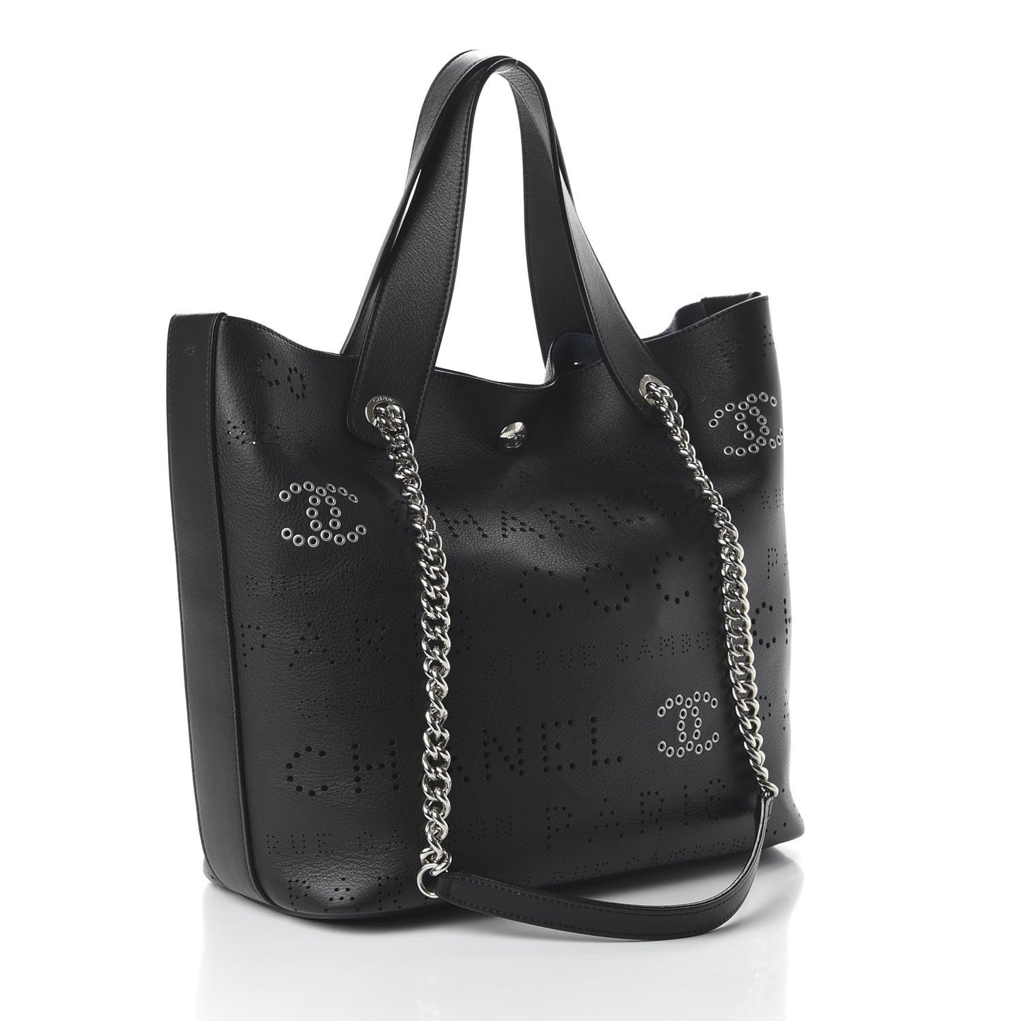 Calfskin Tweed Small Logo Eyelets Shopping Tote Black