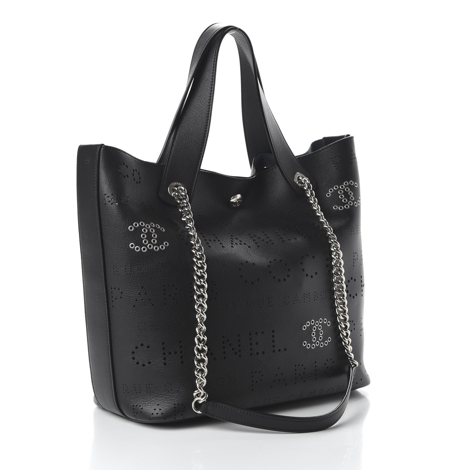 Chanel Calfskin Tweed Small Logo Eyelets Shopping Tote Black 5 of 12