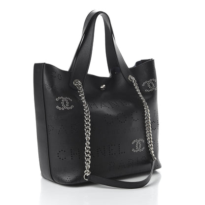 Chanel Calfskin Tweed Small Logo Eyelets Shopping Tote Black 5 of 12