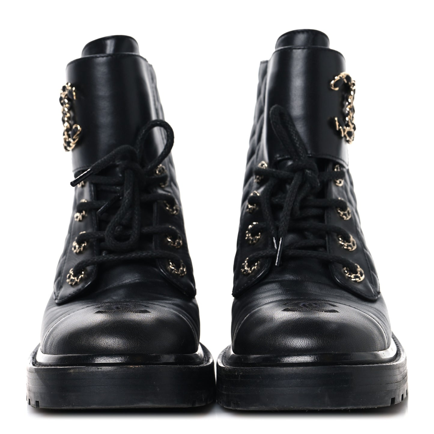 Shiny Lambskin Quilted Lace Up Combat Boots 39 Black