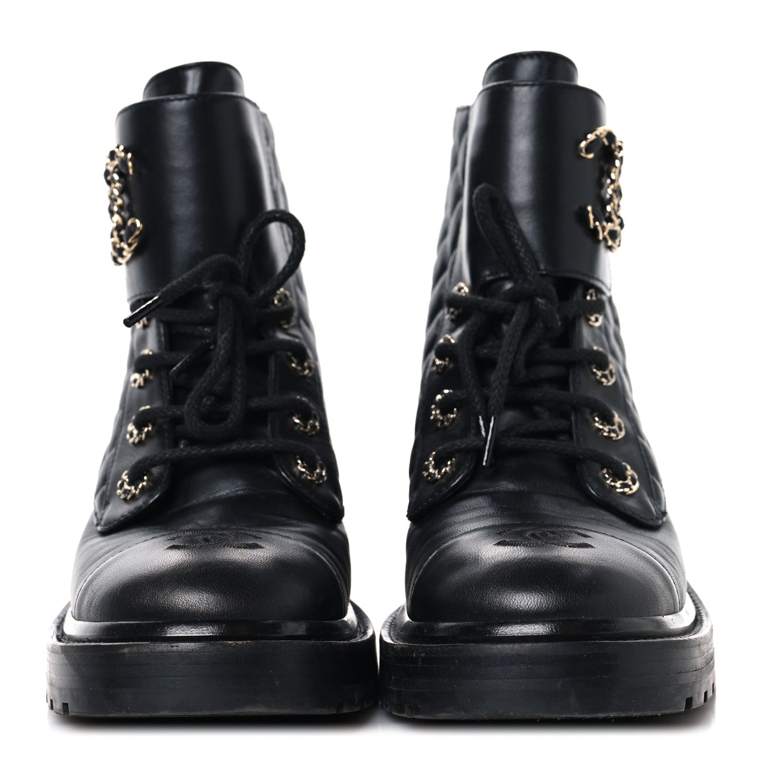 Chanel Shiny Lambskin Quilted Lace Up Combat Boots 39 Black 3 of 9