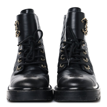 Chanel Shiny Lambskin Quilted Lace Up Combat Boots 39 Black 3 of 9