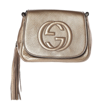 Gucci Metallic Pebbled Calfskin Small Soho Flap Crossbody Golden Beige 1 of 7