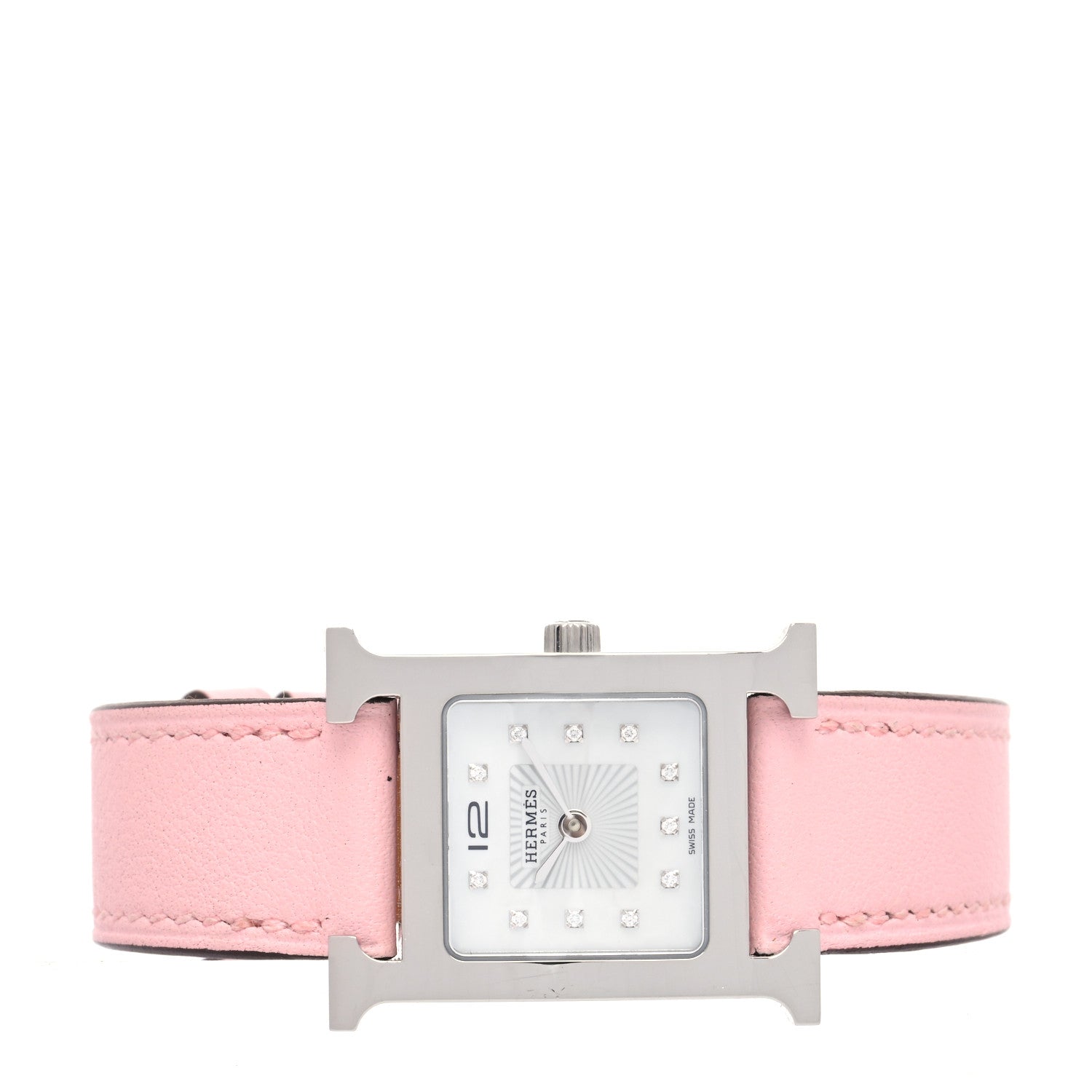 Hermes Stainless Steel Swift Diamond Mother of Pearl 21mm Heure H Hour Quartz Watch Rose Sakura 2 of 5