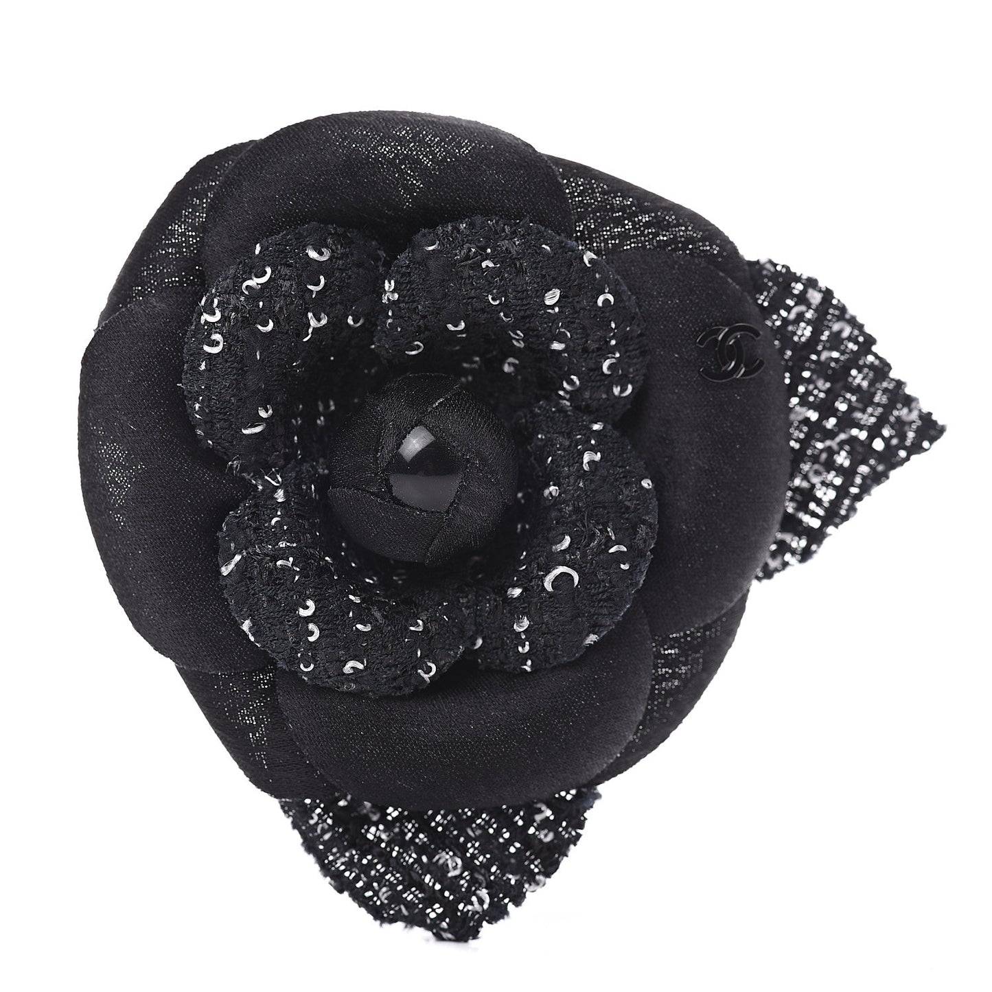 Tweed Camellia Pin Brooch Black White
