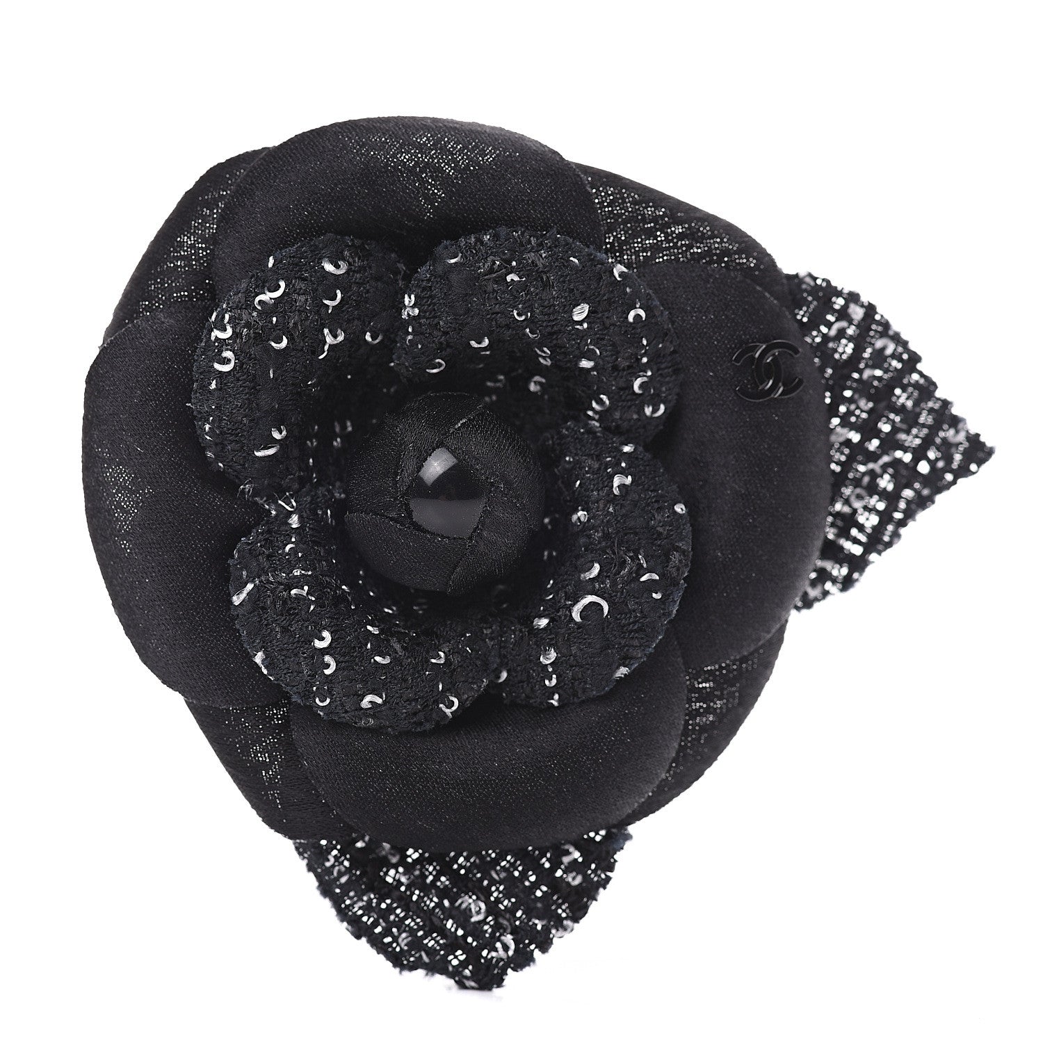 Chanel Tweed Camellia Pin Brooch Black White 1 of 4