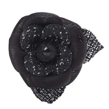 Chanel Tweed Camellia Pin Brooch Black White 1 of 4