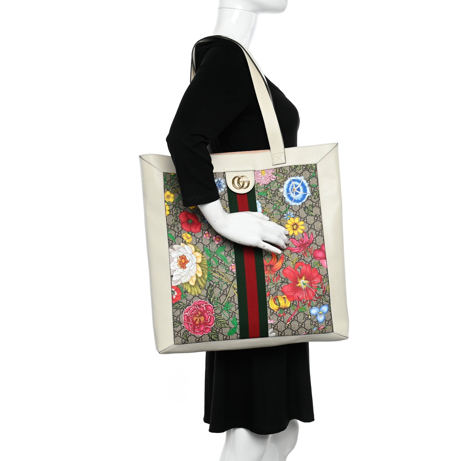 Gucci GG Supreme Monogram Flora Web Ophidia Vertical Shopping Tote White 2 of 13