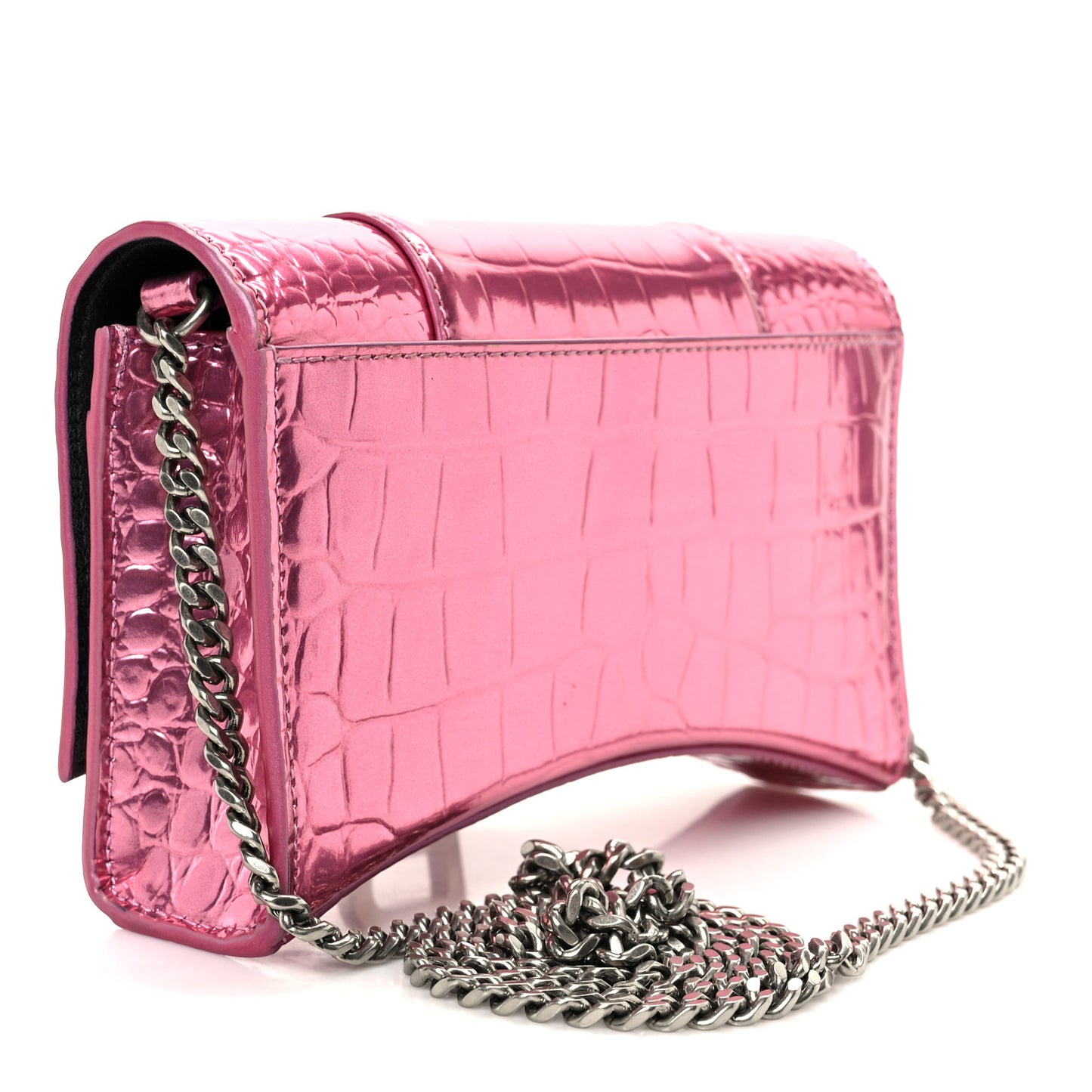 Metallic Shiny Calfskin Crocodile Embossed Hourglass Chain Bag Pink