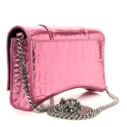Balenciaga Metallic Shiny Calfskin Crocodile Embossed Hourglass Chain Bag Pink 3 of 11