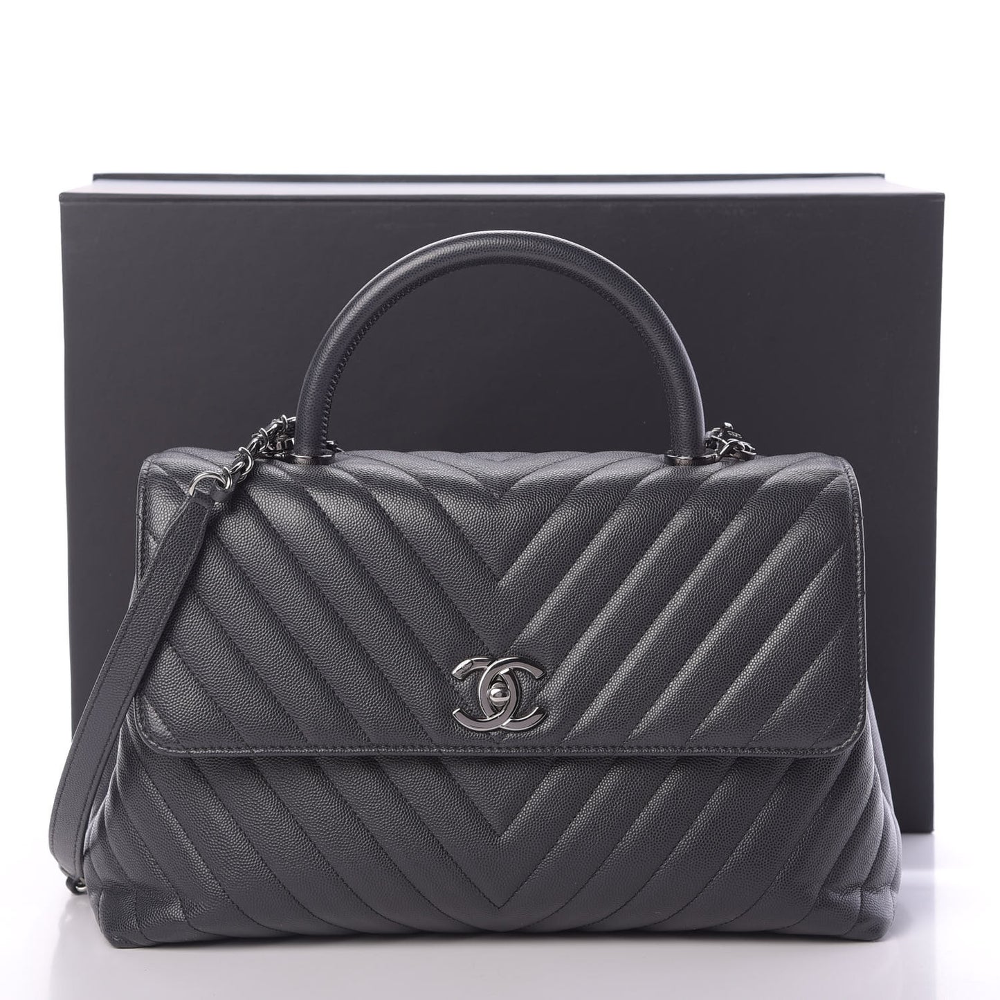 Caviar Chevron Quilted Medium Coco Handle Flap Dark Grey