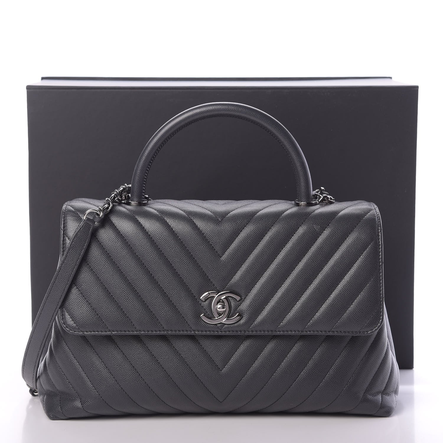 Chanel Caviar Chevron Quilted Medium Coco Handle Flap Dark Grey 13 of 13